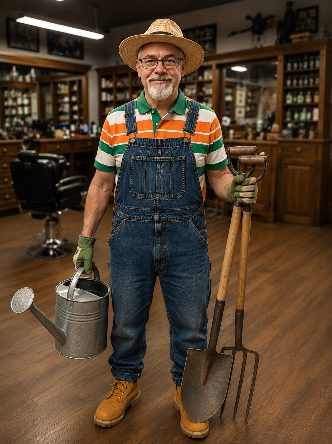 Phil holding a watering can, spade and pitchfork ready for work